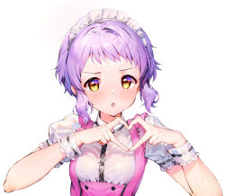Rule 34 | 1girl, blush, dot nose, flat chest, frilled shirt, frills, hands up, heart, heart hands, highres, idolmaster, idolmaster million live!, idolmaster million live! theater days, looking at viewer, maid headdress, makabe mizuki, open mouth, pink skirt, pretty waitress (idolmaster), puffy short sleeves, puffy sleeves, purple hair, qianlou (qianlou12374), shirt, short hair, short sleeves, shy, sidelocks, simple background, skirt, solo, upper body, wavy hair, white background, white shirt, white wrist cuffs, yellow eyes