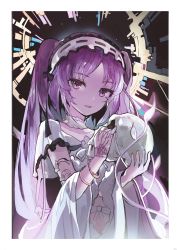Rule 34 | 1girl, alchemaniac, border, commission, dress, fate/hollow ataraxia, fate (series), frilled hairband, frills, hairband, hands up, highres, holding, holding skull, long hair, looking at viewer, parted bangs, parted lips, purple eyes, purple hair, short sleeves, skull, smile, solo, stheno (fate), stheno (third ascension) (fate), twintails, upper body, white border, white dress