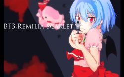 Rule 34 | 1girl, artist request, blood, blue hair, female focus, gun, hat, highres, red eyes, remilia scarlet, solo, standing, touhou, trigger discipline, upper body, weapon, wings