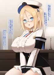 Rule 34 | 1girl, :d, anchor symbol, between legs, black corset, blonde hair, blue-framed eyewear, blue eyes, blush, breasts, commentary request, corset, covered erect nipples, de grasse (warship girls r), desk lamp, dress, forehead, frilled dress, frills, glasses, hair ornament, hairpin, hand between legs, hat, indoors, kurikara, lamp, large breasts, light blush, long sleeves, looking ahead, neck ribbon, one side up, open mouth, parted bangs, pleated dress, ribbon, sailor hat, short hair, sitting, smile, solo, translation request, v arms, variant set, warship girls r, white dress