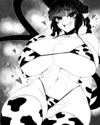 Rule 34 | 1girl, animal ears, animal print, bikini, braid, breasts, cat ears, cat girl, cat tail, cleavage, cow print, cow print bikini, elbow gloves, extra ears, fang, gloves, greyscale, haseru (ginku mh), heart, huge breasts, kaenbyou rin, monochrome, multiple tails, navel, nekomata, open mouth, pointy ears, print bikini, side braids, skin fang, solo, swimsuit, tail, thighhighs, tongue, tongue out, touhou, twin braids, two tails