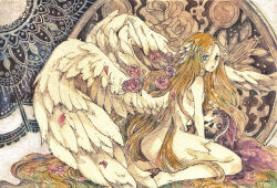 Rule 34 | 1girl, absurdly long hair, barefoot, blonde hair, blue eyes, commentary request, copyright name, dress, expressionless, feathered wings, flower, full body, hair flower, hair ornament, head wings, long hair, looking at viewer, mistress of shelter, parted lips, pink flower, pink rose, ragnarok online, rose, sitting, skull, sleeveless, sleeveless dress, solo, tokio (okt0w0), torn clothes, torn dress, very long hair, wariza, white dress, white wings, wings
