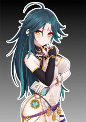 Rule 34 | 1girl, adapted costume, alternate costume, bag, bead necklace, beads, belt, bracelet, breasts, bridal gauntlets, china dress, chinese clothes, cleavage, cleavage cutout, clothing cutout, commentary request, dress, eyeshadow, facial mark, forehead mark, genderswap, genderswap (mtf), genshin impact, gloves, green hair, grey background, handbag, holding, holding bag, jewelry, kirilenko (cgd), large breasts, long hair, looking at viewer, makeup, medium breasts, multicolored hair, necklace, parted bangs, pelvic curtain, red eyeshadow, side slit, sidelocks, simple background, single glove, sleeveless, sleeveless turtleneck dress, solo, streaked hair, two-tone hair, vision (genshin impact), xiao (genshin impact), yellow eyes