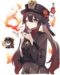 Rule 34 | 1girl, ;o, black hat, black nails, breath weapon, breathing fire, brown hair, bug, butterfly, chinese clothes, chinese knot, collared coat, colored tips, commentary request, ebibi chiriri, eyelashes, fire, flower, flower-shaped pupils, genshin impact, genshin impact sticker redraw (meme), hair between eyes, hat, hat ornament, highres, hu tao (genshin impact), insect, jewelry, long hair, long sleeves, looking at viewer, meme, multicolored hair, multiple rings, nail polish, one eye closed, open mouth, plum blossoms, porkpie hat, red shirt, ring, shirt, sidelocks, solo, symbol-shaped pupils, thumb ring, twintails, wide sleeves