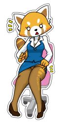 Rule 34 | 10s, aggressive retsuko, animal ears, blue skirt, breasts, brown footwear, business suit, chair, character cutout, clothes lift, collarbone, formal, furry, hand up, high heels, knees together feet apart, long sleeves, medium breasts, minuspal, office chair, open mouth, panties, pantyhose, pantyshot, pencil skirt, red panda, retsuko, shirt, shoes, simple background, sitting, skirt, skirt lift, suit, surprised, swivel chair, tail, torn clothes, torn legwear, underwear, white background, white eyes, white panties
