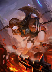 Rule 34 | 00s, 1girl, artist name, black gloves, brawler (dungeon and fighter), brown eyes, brown hair, chain, character request, claw (weapon), dagger, dungeon and fighter, dutch angle, earrings, fighter (dungeon and fighter), fighting stance, fingerless gloves, gloves, jewelry, knife, matching hair/eyes, open mouth, solo, sparks, teitousensei, weapon
