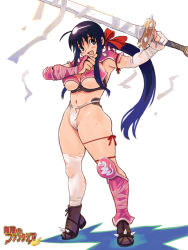 Rule 34 | 1girl, ahoge, armor, asymmetrical legwear, black eyes, black hair, blush, breasts, character request, fang, full body, holding, holding sword, holding weapon, large breasts, leg ribbon, logo, long hair, looking at viewer, mugen no fantasia, navel, official art, open mouth, panties, ponytail, ribbon, ryoji (nomura ryouji), smile, solo, spiked armor, standing, sword, thick thighs, thigh ribbon, thighs, underboob, underwear, uneven legwear, weapon, white legwear, white panties