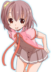 Rule 34 | 1girl, :p, fuyuno mikan, komiya nonoka, leaning forward, looking at viewer, miniskirt, pleated skirt, ponytail, short hair, side ponytail, simple background, skirt, smile, solo, sora no method, tongue, tongue out, white background