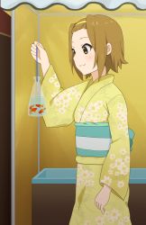 Rule 34 | 1girl, bag, brown eyes, brown hair, fish, goldfish, japanese clothes, k-on!, kimono, shizupu, short hair, solo, summer festival, tainaka ritsu, yellow kimono, yukata
