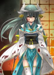 Rule 34 | 1girl, aqua hair, architecture, bad id, bad twitter id, blood, blood on face, blood stain, blood on clothes, cowboy shot, crying, crying with eyes open, detached sleeves, east asian architecture, hand fan, fate/grand order, fate (series), fire, highres, horns, japanese clothes, kimono, kiyohime (fate), long hair, looking down, macaroni tamago, obi, ribbon, sash, solo, tears, thighhighs, wide sleeves, yellow eyes, zettai ryouiki