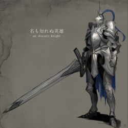 Rule 34 | ambiguous gender, armor, boots, commentary request, faulds, full armor, greaves, helmet, holding, holding sword, holding weapon, huge weapon, km yama, knight, pauldrons, pixiv fantasia, pixiv fantasia revenge of the darkness, plate armor, shoulder armor, solo, standing, sword, weapon