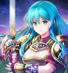 Rule 34 | 1girl, aqua eyes, aqua hair, armor, breastplate, closed mouth, eirika (fire emblem), fingerless gloves, fire emblem, fire emblem: the sacred stones, fire emblem heroes, gloves, hair between eyes, half gloves, holding hands, long hair, looking at viewer, nintendo, puffy short sleeves, puffy sleeves, red shirt, resolution mismatch, shirt, short sleeves, shoulder armor, shoulder pads, sidelocks, solo, source larger, sword, umipro, weapon