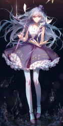 Rule 34 | 1girl, absurdres, beamed quavers, book, dark background, dress, flute, frilled dress, frills, full body, hat, highres, holding, holding book, instrument, lens flare, light purple hair, long hair, looking at viewer, microphone, moss (2225028), musical note, musical note print, nail polish, open book, original, pantyhose, papers, petticoat, purple dress, purple eyes, purple footwear, purple nails, quaver, sailor dress, shoes, solo, splashing, standing, thighhighs, wristband