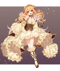 Rule 34 | 1girl, :d, blonde hair, blush, bow, breasts, brown choker, brown corset, brown footwear, choker, cleavage, commentary request, corset, detached sleeves, dress, frilled dress, frilled hairband, frilled sleeves, frills, full body, hair bow, hairband, high heels, highres, kneehighs, large breasts, long hair, official alternate costume, open mouth, orange gemstone, pink bow, ragnarok online, red eyes, rifu skr, signature, sleeveless, sleeveless dress, smile, socks, solo, wanderer (ragnarok online), wide sleeves, yellow dress, yellow sleeves, yellow socks