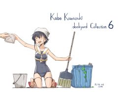 Rule 34 | 1girl, 1other, artist name, asymmetrical hair, bandana, black hair, black one-piece swimsuit, breasts, broom, bucket, closed eyes, collarbone, commentary request, dated, framed breasts, full body, hair between eyes, i-14 (kancolle), kantai collection, kawashina (momen silicon), kneeling, one-piece swimsuit, open mouth, sailor collar, sandals, school swimsuit, short hair, simple background, small breasts, smile, swimsuit, trash can, white background