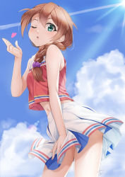 Rule 34 | 1girl, baba konomi, bare arms, bare shoulders, blowing kiss, blue sky, blush, braid, brown hair, cloud, commentary request, day, fingernails, green eyes, hair between eyes, hair ornament, hair over shoulder, hair scrunchie, hand up, heart, idolmaster, idolmaster million live!, idolmaster million live! theater days, leaning forward, long hair, miri (ago550421), navel, one eye closed, outdoors, parted lips, pleated skirt, purple scrunchie, red shirt, scrunchie, shirt, signature, single braid, skirt, sky, sleeveless, sleeveless shirt, solo, white skirt