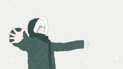 Rule 34 | 1girl, coat, commentary, d.k, english commentary, closed eyes, fur trim, hood, hood up, nier, nier (series), outstretched arms, scarf, short hair, simple background, smile, snowing, solo, white hair, winter clothes, winter coat, yonah