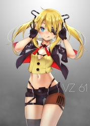 Rule 34 | 1girl, ashisi, bad id, bad pixiv id, black bra, black gloves, black shorts, blonde hair, blue eyes, blush, bra, breasts, character name, cleavage cutout, clothing cutout, crop top, cropped jacket, eyepatch, eyes visible through hair, girls&#039; frontline, gloves, gluteal fold, gradient background, grey background, hair between eyes, hair ornament, hands up, highres, jacket, long hair, looking at viewer, midriff, navel, one eye covered, partially fingerless gloves, short shorts, short sleeves, shorts, sidelocks, single thighhigh, skorpion (girls&#039; frontline), small breasts, smile, solo, thigh cutout, thigh gap, thighhighs, tongue, tongue out, twintails, underwear, v
