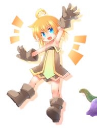 Rule 34 | 1girl, ahoge, armpits, ass, blonde hair, blue eyes, boots, child, dress, female focus, flat chest, gloves, kso, meyuu (kso), open mouth, original, pointy ears, short hair, slime, solo, tentacles