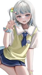 Rule 34 | 1girl, blue hair, blue neckerchief, blue skirt, blush, claw pose, fins, fish tail, gawr gura, gawr gura (school uniform), grey hair, highres, hololive, hololive english, looking at viewer, mashiro chun, medium hair, neckerchief, official alternate costume, one side up, open mouth, shark girl, shark tail, sharp teeth, shirt, skirt, tail, teeth, upper teeth only, vest, virtual youtuber, white background, white shirt, yellow vest