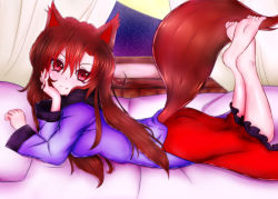 Rule 34 | 1girl, animal ears, barefoot, bed, brown hair, damir doma, derivative work, dress, fang, fingernails, hand on own cheek, hand on own face, imaizumi kagerou, long hair, long sleeves, lying, moon, red eyes, sky, solo, star (sky), starry sky, tail, touhou, window, wolf ears, wolf tail