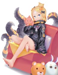 Rule 34 | &lt;o&gt; &lt;o&gt;, 1girl, abigail williams (fate), abigail williams (traveling outfit) (fate), bare legs, barefoot, black bow, black jacket, blonde hair, blue eyes, blurry, blurry background, bow, closed mouth, commentary request, crossed bandaids, depth of field, dutch angle, fate/grand order, fate (series), feet, hair bow, hair bun, heroic spirit traveling outfit, highres, jacket, long sleeves, medjed (fate), hugging object, official alternate costume, orange bow, padal, parted bangs, pillow, single hair bun, sitting, sleeves past fingers, sleeves past wrists, solo, stuffed animal, stuffed toy, suction cups, teddy bear, tentacles, white background