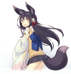 Rule 34 | 1girl, animal ear fluff, animal ears, bare shoulders, black hair, blush, bow, clothes lift, detached sleeves, fang, flower, fox ears, fox tail, hair flower, hair ornament, hime cut, japanese clothes, kuromitsu nene, long hair, looking at viewer, looking back, open mouth, original, panties, pantyshot, poco (asahi age), skirt, skirt lift, smile, solo, standing, tail, underwear, white panties, wide sleeves, yellow eyes
