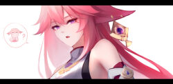 Rule 34 | 1girl, ?, artist name, breasts, genshin impact, hair between eyes, highres, letterboxed, long hair, medium breasts, open mouth, pink hair, purple eyes, shimmer, shirt, sideboob, signature, simple background, sleeveless, sleeveless shirt, solo, spoken question mark, white background, white shirt, yae miko