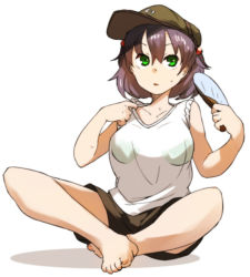 Rule 34 | 1girl, alternate eye color, alternate hair color, amonitto, bare shoulders, barefoot, bra, breasts, brown shorts, collarbone, full body, green bra, green eyes, hair between eyes, hair bobbles, hair ornament, hand fan, hands up, hat, holding, holding fan, hot, kawashiro nitori, medium breasts, paper fan, parted lips, purple hair, see-through, shirt, short hair, short shorts, shorts, simple background, sitting, sleeveless, sleeveless shirt, solo, sweatdrop, toenails, toes, touhou, two side up, underwear, white background, white shirt