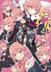 Rule 34 | 1boy, animal ears, birthday, blush, cat boy, cat ears, cat tail, closed mouth, dankira!!!, full body, happy birthday, headphones, highres, hinata mahiru, long sleeves, looking at viewer, nail polish, one eye closed, open mouth, pink background, pink eyes, pink hair, pink theme, riku (melty drop), short hair, smile, solo, tail, trap