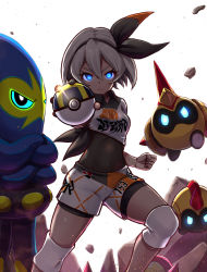 Rule 34 | 1girl, bea (pokemon), black bodysuit, black hairband, blue eyes, bodysuit, bodysuit under clothes, collared shirt, commentary request, covered navel, creatures (company), dark-skinned female, dark skin, falinks, game freak, gen 8 pokemon, glint, gloves, glowing, glowing eyes, grapploct, grey hair, gym leader, hair between eyes, hairband, highres, holding, holding poke ball, knee pads, looking at viewer, nintendo, ooike teru, poke ball, pokemon, pokemon (creature), pokemon swsh, print shirt, print shorts, rock, shirt, short hair, shorts, single glove, tied shirt, ultra ball