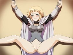 Rule 34 | 1girl, agnes chevalier de milan, anus, armor, artist request, ass, bdsm, blonde hair, blush, bondage, bottomless, bound, bound arms, bound legs, breasts, cape, censored, chain, clenched teeth, green eyes, imminent rape, insignia, knight, large breasts, pussy, rape, restrained, scared, short hair, solo, spread legs, teeth, worried, you gonna get raped, zero no tsukaima