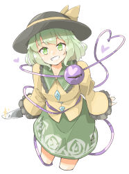Rule 34 | 1girl, arnest, black hat, blush, breasts, buttons, collared shirt, cowboy shot, cropped legs, diamond button, floral print, frilled shirt collar, frilled sleeves, frills, green eyes, green hair, green skirt, grin, hat, hat ribbon, heart, heart of string, highres, holding, holding knife, knife, komeiji koishi, long sleeves, medium breasts, ribbon, rose print, shirt, short hair, simple background, skirt, smile, solo, third eye, touhou, white background, wide sleeves, yellow ribbon, yellow shirt