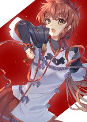 Rule 34 | 1girl, armor, black gloves, brown eyes, brown hair, edamameoka, gloves, hair between eyes, highres, holding, long hair, lora (xenoblade), low ponytail, open mouth, partially fingerless gloves, pauldrons, pleated skirt, ponytail, red background, red skirt, rope, shoulder armor, skirt, solo, two-tone background, v-shaped eyebrows, very long hair, white background, xenoblade chronicles (series), xenoblade chronicles 2, xenoblade chronicles 2: torna - the golden country