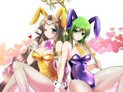 Rule 34 | 2girls, alternate costume, animal ears, armlet, back-to-back, bare shoulders, blowing kiss, blue eyes, blush, bow, bowtie, breasts, brown hair, circlet, cleavage, covered navel, crotch, detached collar, fake animal ears, fishnet pantyhose, fishnets, gradient hair, green eyes, green hair, grey hair, heart, heart background, highleg, highleg leotard, ji (yugria), kemonomimi mode, kenja (yuusha 30), kiss, knee up, kouji, large breasts, leotard, long hair, looking at viewer, multicolored hair, multiple girls, necktie, one eye closed, over shoulder, pantyhose, parted lips, playboy bunny, rabbit ears, rabbit tail, shiny clothes, sideboob, sitting, spread legs, staff, strapless, strapless leotard, tail, thighs, toki no megami, very long hair, wavy hair, weapon, weapon over shoulder, white background, wrist cuffs, yuusha 30