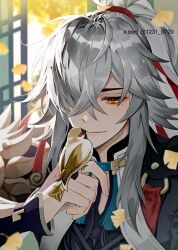 Rule 34 | 1boy, architecture, bird, chinese clothes, closed mouth, east asian architecture, grey hair, hair over one eye, hair ribbon, honkai: star rail, honkai (series), jing yuan, long hair, male focus, np (1231 0720), ponytail, red ribbon, ribbon, solo, yellow eyes