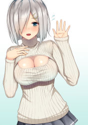 Rule 34 | 10s, 1girl, absurdres, alternate costume, bad anatomy, bad hands, blue eyes, breasts, cleavage, cleavage cutout, clothing cutout, gradient background, hair ornament, hair over one eye, hairclip, hamakaze (kancolle), highres, kantai collection, large breasts, meme attire, open-chest sweater, pleated skirt, short hair, silver hair, skirt, solo, suika (atelier-yuu), sweater, waving