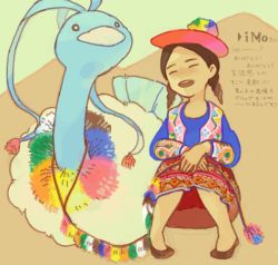 Rule 34 | 1girl, altaria, bad drawr id, bad id, beso, bird, colorful, creatures (company), cultural, drawr, embroidery, female focus, game freak, gen 3 pokemon, hat, long skirt, mestiza, nintendo, oekaki, open mouth, patterned, peru, pokemon, pokemon (creature), sitting, skirt, smile, traditional clothes, twintails, vest, zig-zag
