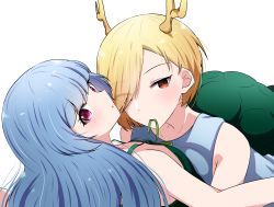 Rule 34 | 2girls, :o, absurdres, antlers, bad id, bad pixiv id, bare shoulders, blonde hair, blue hair, eyes visible through hair, flower, girl on top, green ribbon, hair flower, hair ornament, haniyasushin keiki, highres, horns, kicchou yachie, long hair, looking at viewer, lying, mouth hold, multiple girls, on back, on stomach, parted lips, purple eyes, red eyes, ribbon, short hair, simple background, sleeveless, touhou, turtle shell, white background, yukome, yuri
