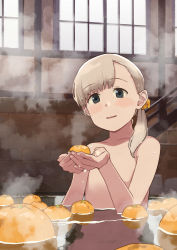 Rule 34 | 1girl, banned artist, bathing, blonde hair, blue eyes, blunt bangs, commentary request, convenient censoring, flat chest, food, fruit, hair ornament, hair over shoulder, kantai collection, long hair, makio (makiomeigenbot), nude, orange (fruit), scrunchie, shin&#039;you (kancolle), solo, steam, upper body, water, window