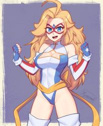 Rule 34 | 1girl, ahoge, artist name, bare shoulders, blonde hair, blue eyes, blue gloves, breasts, cleavage, cleavage cutout, clothing cutout, collarbone, covered navel, earrings, elbow gloves, gloves, highres, jewelry, kamen america, kamen america (comic), large breasts, long hair, looking at viewer, mask, messy hair, multicolored clothes, multicolored gloves, open mouth, red gloves, smile, solo, star (symbol), star earrings, teeth, upper teeth only, very long hair, white gloves, xyronii