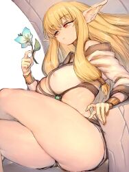 Rule 34 | 1girl, anklet, artist logo, blonde hair, breasts, brown eyes, cape, cleavage, collarbone, crossed legs, elf, feet out of frame, flower, fumio (rsqkr), gold anklet, hair tubes, highres, jewelry, large breasts, legs, long hair, looking at flowers, looking at viewer, medium breasts, on chair, parted lips, pointy ears, serie (sousou no frieren), short shorts, shorts, sidelocks, sitting, solo, sousou no frieren, throne