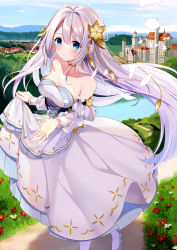 Rule 34 | 1girl, bare shoulders, blue eyes, blue footwear, blush, breasts, brown flower, castle, cleavage, closed mouth, copyright request, day, detached sleeves, dress, flower, hair flower, hair ornament, high heels, highres, kisaragi yuri, lake, long hair, long sleeves, looking at viewer, medium breasts, official art, outdoors, pantyhose, puffy long sleeves, puffy sleeves, red flower, shoes, silver hair, skirt hold, smile, solo, standing, strapless, strapless dress, very long hair, village, water, white dress, white flower, white pantyhose, white sleeves