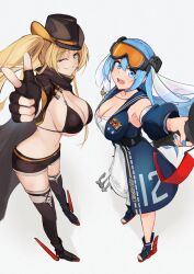 Rule 34 | 2girls, :d, anchor symbol, ankle boots, azur lane, bare shoulders, belt, bikini, bikini top only, bikini under clothes, black bikini, black cape, black footwear, black gloves, black shirt, black shorts, black thighhighs, blonde hair, blue dress, blue eyes, blue footwear, blue hair, blue sailor collar, blue sleeves, boots, breasts, cape, cleavage, collarbone, commentary request, cowboy hat, detached sleeves, dress, finger gun, fingerless gloves, full body, gloves, goggles, goggles on head, green eyes, grin, hair between eyes, hat, highres, historical name connection, holding, holding scepter, hornet (azur lane), hornet ii (azur lane), jewelry, large breasts, long hair, looking at viewer, marshall k, military rank insignia, multiple girls, name connection, navel, necklace, one eye closed, open mouth, original, personification, rudder footwear, sailor collar, scepter, shadow, shirt, short shorts, shorts, shrug (clothing), sidelocks, simple background, ski goggles, skindentation, sleeveless, sleeveless dress, smile, standing, stomach, swimsuit, teeth, thighhighs, toeless footwear, twintails, uss hornet (cv-12), very long hair, white background, white dress, yellow belt