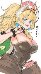 Rule 34 | 1girl, :d, armlet, blonde hair, blue eyes, blue gemstone, bowsette, bracelet, breasts, brown dress, crown, dress, fingernails, forked eyebrows, from side, gem, hand up, highres, jewelry, large breasts, long fingernails, looking at viewer, mario (series), new super mario bros. u deluxe, nintendo, open mouth, ponytail, sharp fingernails, sharp teeth, simple background, sketch, smile, solo, spiked armlet, spiked bracelet, spikes, strapless, strapless dress, super crown, teeth, tetsu (kimuchi), thick eyebrows, white background