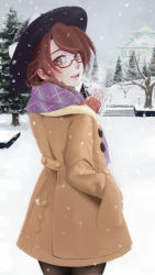 Rule 34 | 1girl, alternate costume, architecture, bad id, bad pixiv id, bare tree, blurry, blush, breath, brown eyes, brown hair, brown pantyhose, castle, coat, depth of field, east asian architecture, fingerless gloves, from behind, glasses, gloves, hand in pocket, hat, hat ribbon, highres, lamppost, long sleeves, looking at viewer, looking back, low twintails, open mouth, pantyhose, plaid, plaid scarf, red-framed eyewear, red gloves, ribbon, scarf, semi-rimless eyewear, snow, snowing, solo, touhou, tree, twintails, under-rim eyewear, usami sumireko, winter clothes, xianjian lingluan