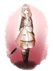Rule 34 | 1girl, apron, bag, blonde hair, blush, boots, bow, braid, brown eyes, cape, faye (fire emblem), fire emblem, fire emblem echoes: shadows of valentia, full body, highres, long hair, low-braided long hair, low-tied long hair, nintendo, ruis bacon, solo, sword, twin braids, weapon, white background