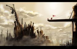 Rule 34 | building, cape, city, cloud, copyright name, day, fish, floating, kagrat, letterboxed, long hair, outdoors, outstretched arm, pixiv fantasia, pixiv fantasia new world, red cape, red hair, ruins, scenery, sky, standing, sunlight, yellow sky