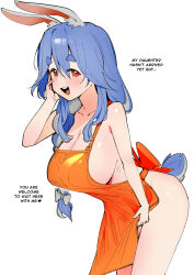 Rule 34 | 1girl, animal ear fluff, animal ears, apron, blue hair, blush, bow, braid, breasts, cleavage, collarbone, covered erect nipples, dismassd, english text, hair bow, hand on own face, highres, hololive, huge breasts, large breasts, long braid, long hair, mature female, multicolored hair, naked apron, open mouth, orange apron, orange eyes, pekomama, rabbit ears, rabbit girl, rabbit tail, sideboob, simple background, tail, teeth, thick eyebrows, twin braids, upper teeth only, virtual youtuber, white background, white bow, white hair