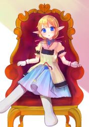 Rule 34 | 1girl, blonde hair, blue eyes, blue skirt, blush, boots, commentary request, crossed legs, full body, looking at viewer, medium bangs, nichijou, open mouth, pmpm 168, pointy ears, princess starla (nichijou), shirt, short hair, short sleeves, skirt, solo, throne, white footwear, yellow shirt